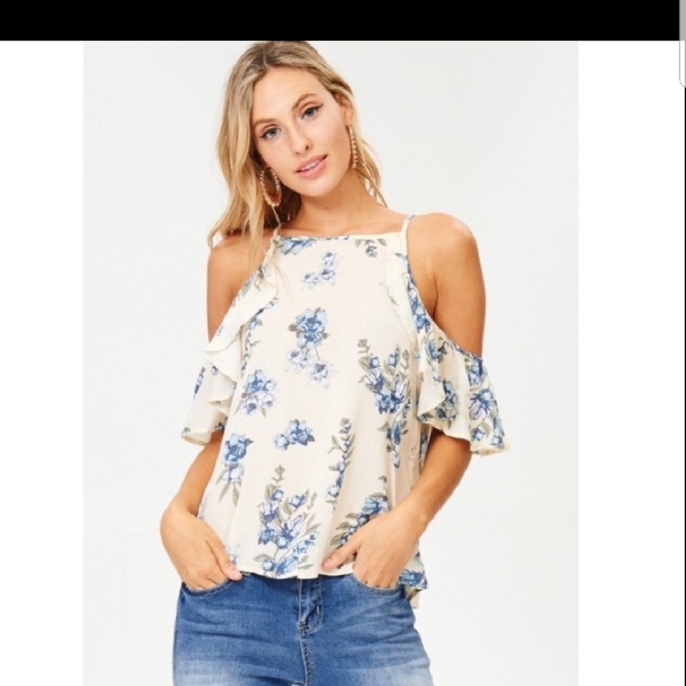 Floral ruffle open shoulder top - Picture 3 of 4